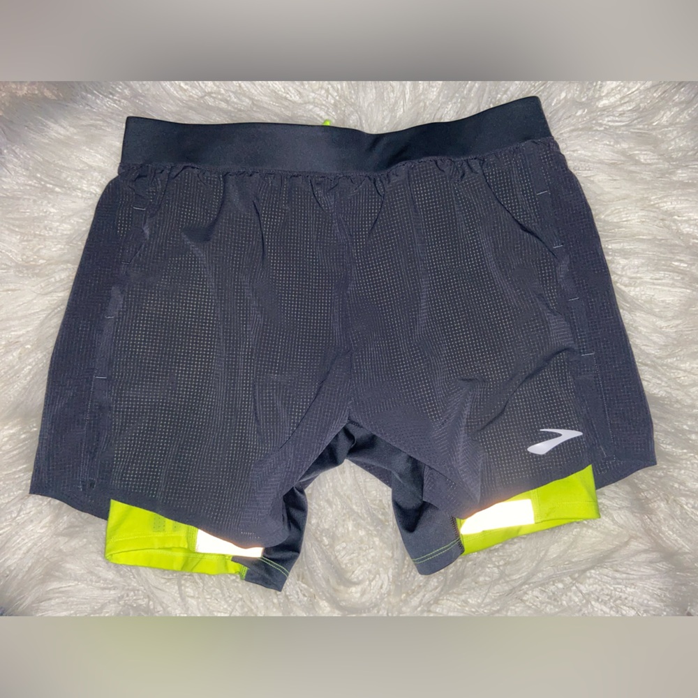 Brooks Black Athletic Running Shorts with Neon Yellow Liner